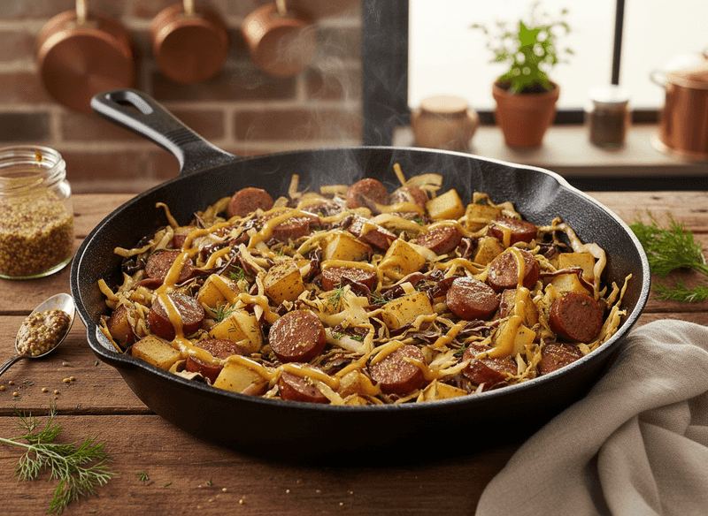 Cabbage, Sausage, and Potato Skillet with Mustard