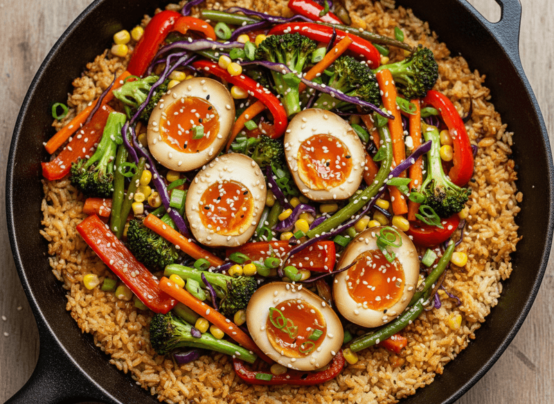 Crispy Rice with Sauteed Vegetables and Soy-Ginger Eggs