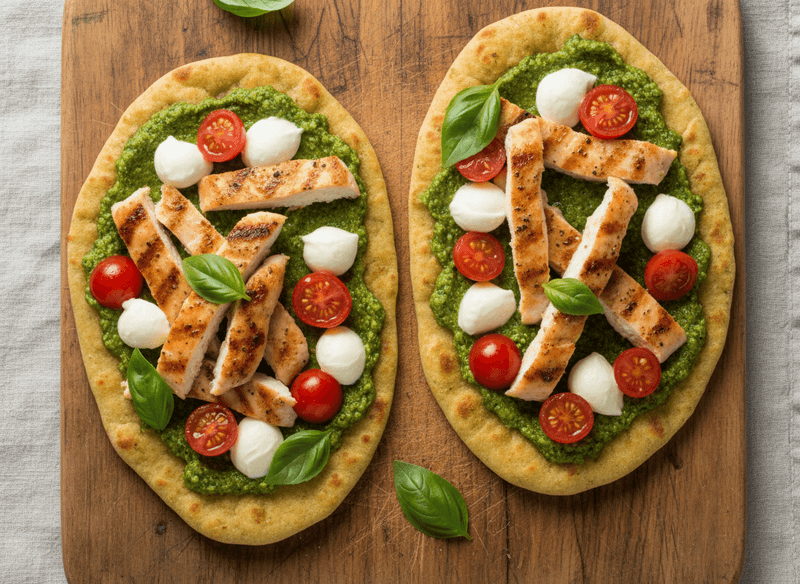 Pesto Chicken Flatbread on Whole-Grain Naan