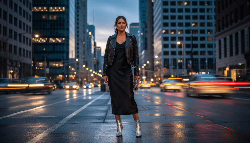 Black Slip Dress and Leather Jacket