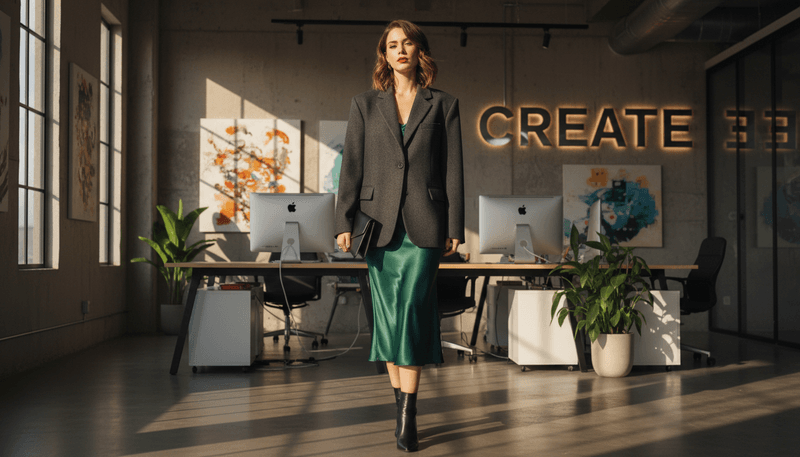 Boxy Blazer + Midi Slip Skirt + Boots