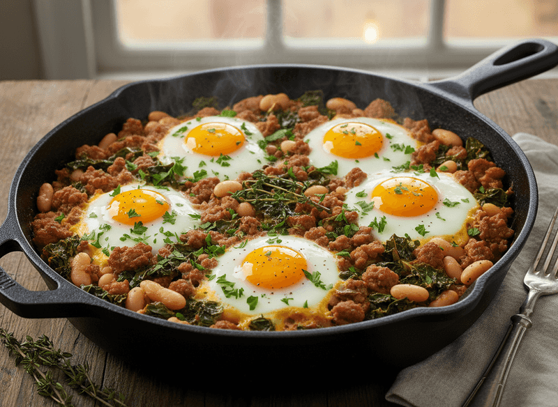 Sausage, Kale & White Bean Breakfast-for-Dinner Casserole