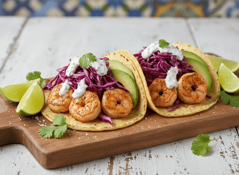 Shrimp Tacos with Cabbage Slaw and Avocado