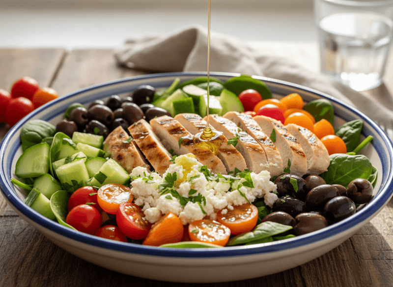 Mediterranean Chicken Bowl with Cucumber, Tomato, Olives, and Feta