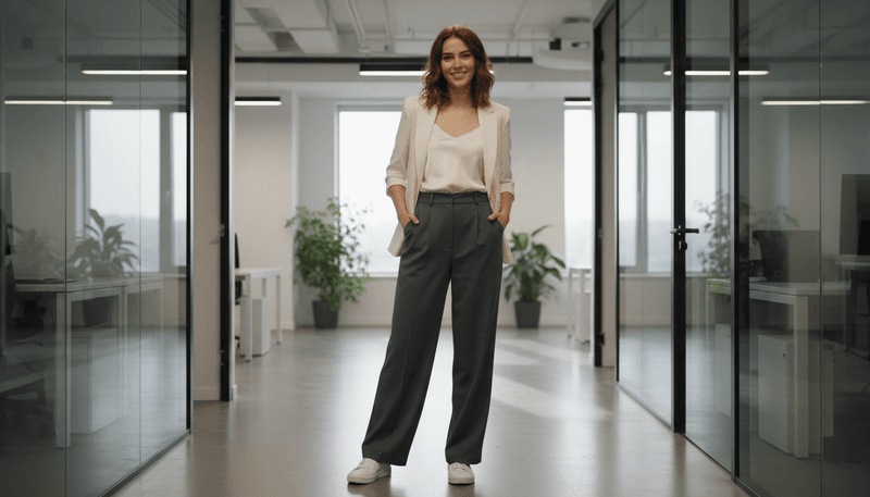 Cropped Jacket + High-Waisted Trousers + Minimal Sneakers