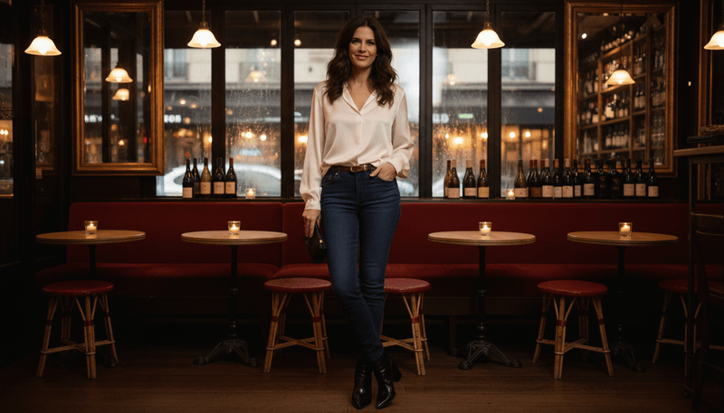 Dark Denim + Silk Blouse + Pointed Boots
