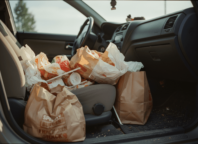 Old Fast-Food Bags Crumpled in the Passenger Footwell