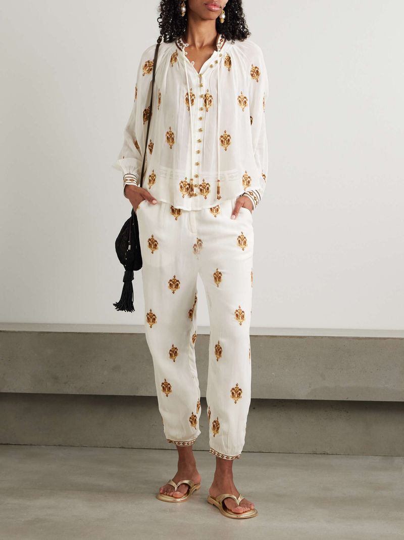 Farm Rio Anchor Tapestry Gathered Embroidered Blouse