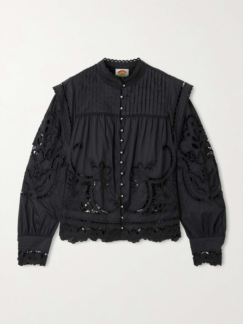Farm Rio Richelieu Pleated Broderie Anglaise Cotton Blouse