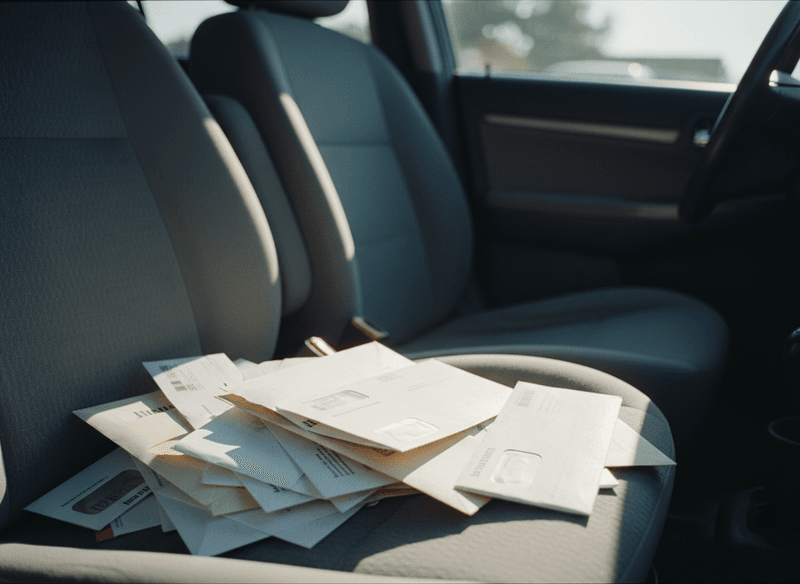 A Pile of Unopened Mail on the Passenger Seat