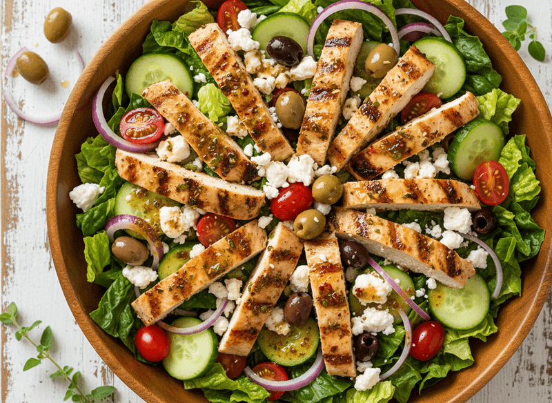 Greek Salad with Grilled Chicken and Homemade Vinaigrette