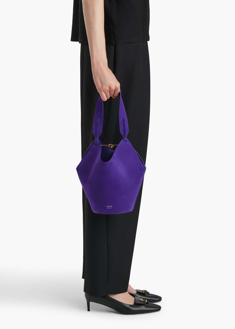 Khaite Mini Lotus Tote in Amethyst Haircalf and Suede