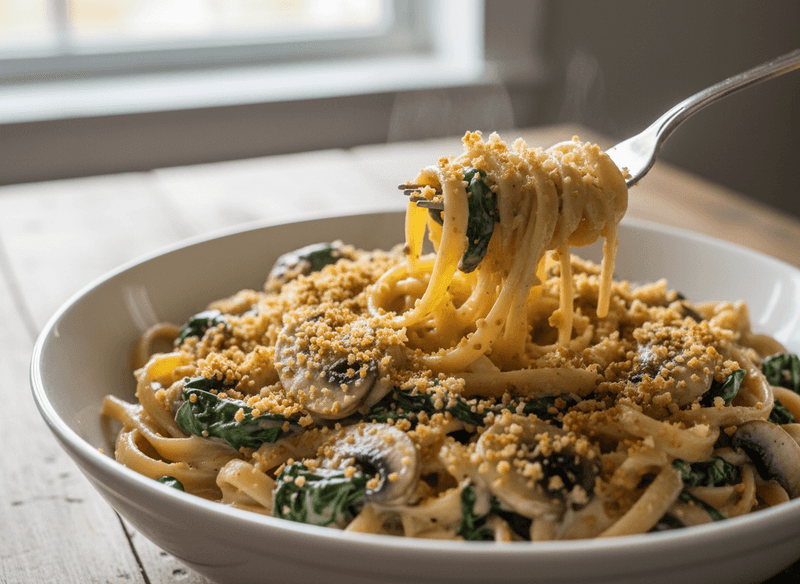 Creamy Mushroom and Spinach Pasta with Garlic Breadcrumbs