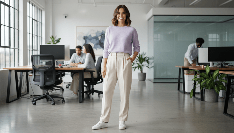 Lightweight Sweater + Pleated Trousers + White Sneakers