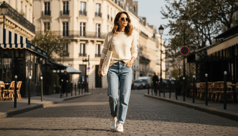 Loose Jeans + Cashmere Sweater + Sneakers