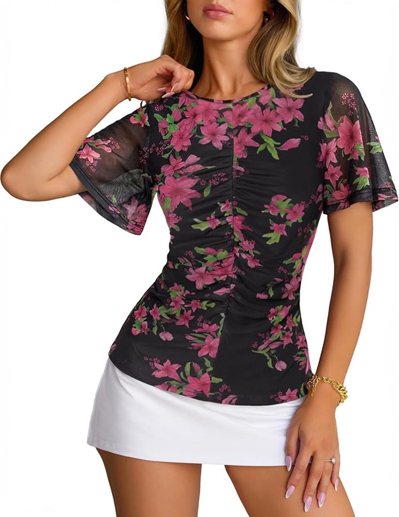 MEROKEETY Floral Short-Sleeve Blouse