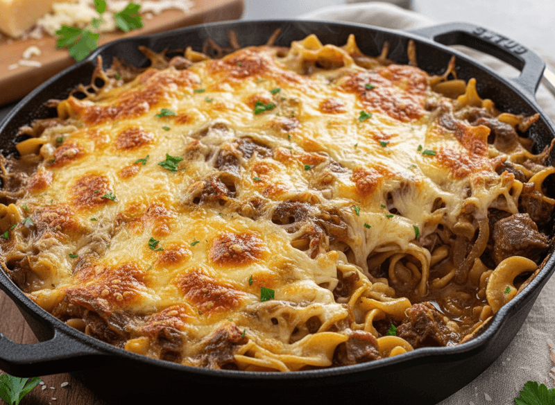 Rustic French Onion Beef Noodle Casserole
