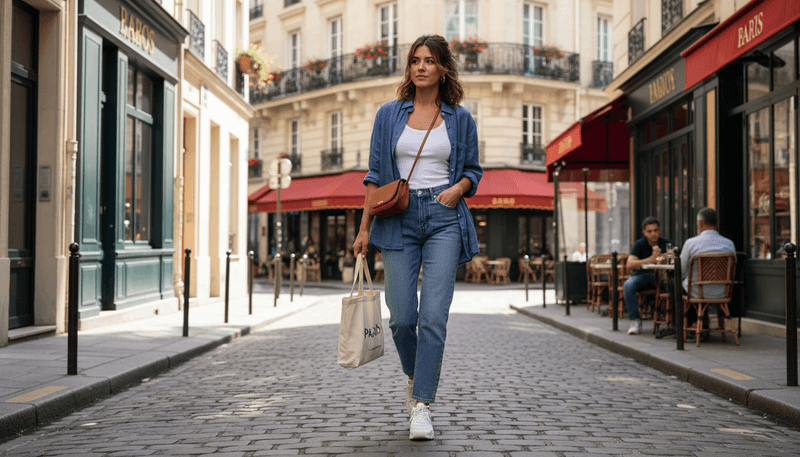 Mid-Rise Jeans + Tank Top + Oversized Shirt (Layered)
