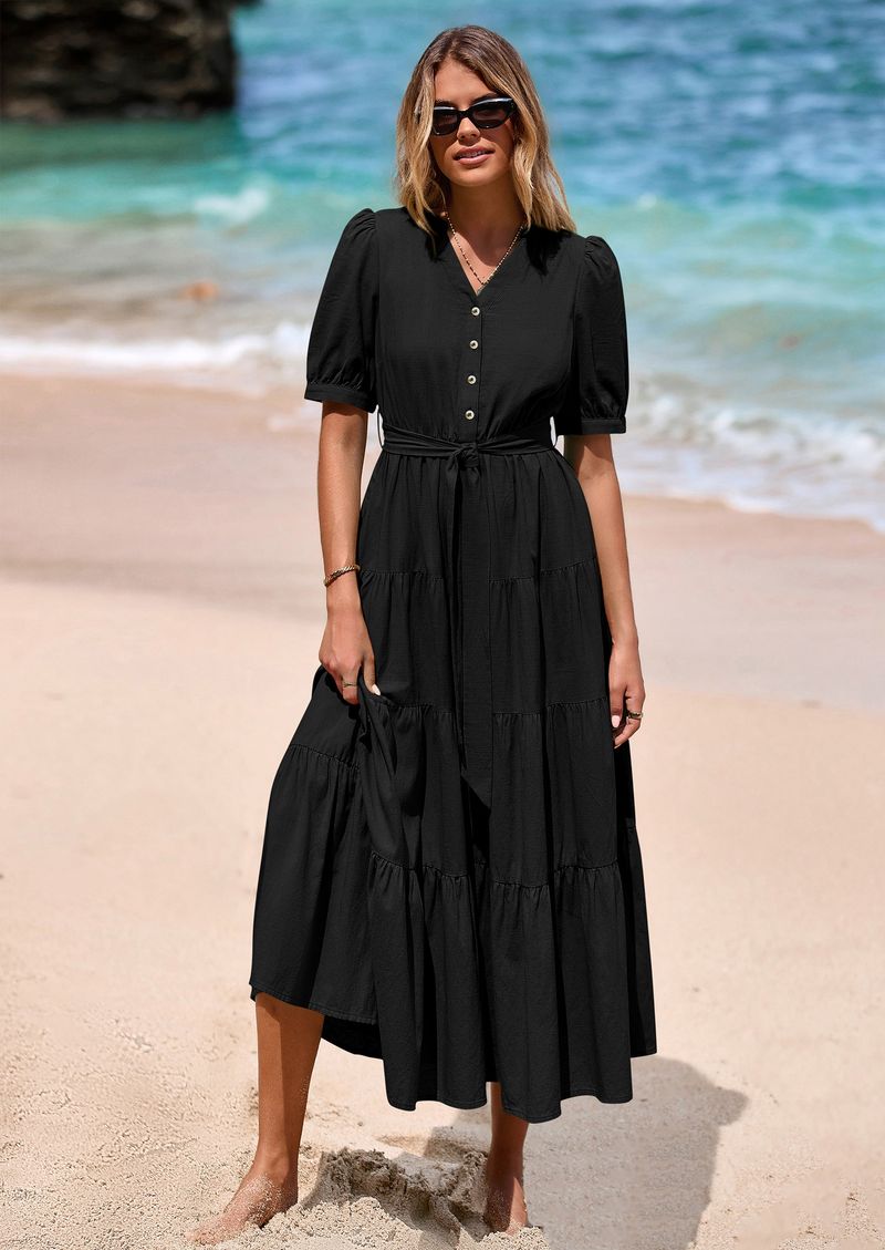 PRETTYGARDEN Button Down Belted Midi Dress