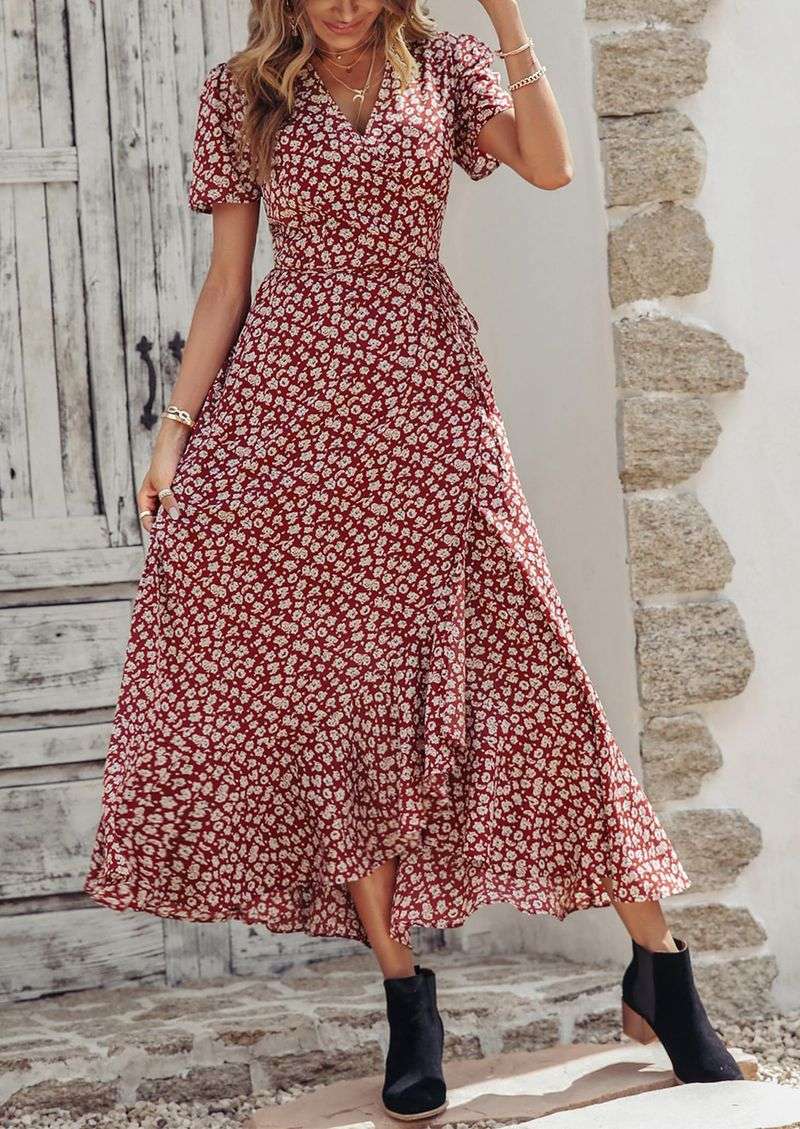 PRETTYGARDEN – Short Sleeve Faux Wrap Midi Dress