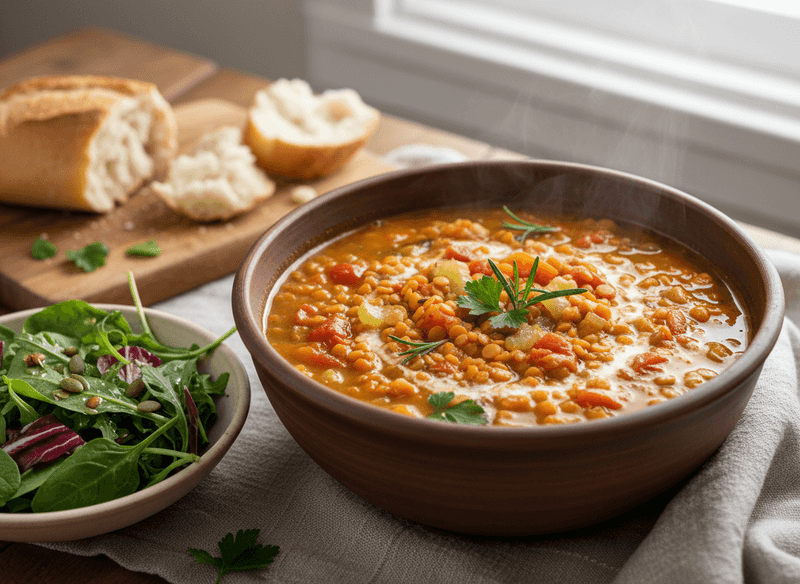 Lentil and Vegetable Soup with a Side of Mixed Greens
