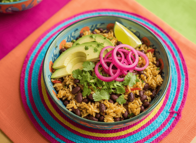 Rice and Beans with Lime, Avocado, and Quick Pickled Onions