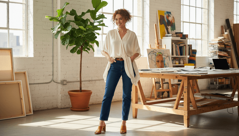 Relaxed Blouse + Dark Denim + Heeled Mules