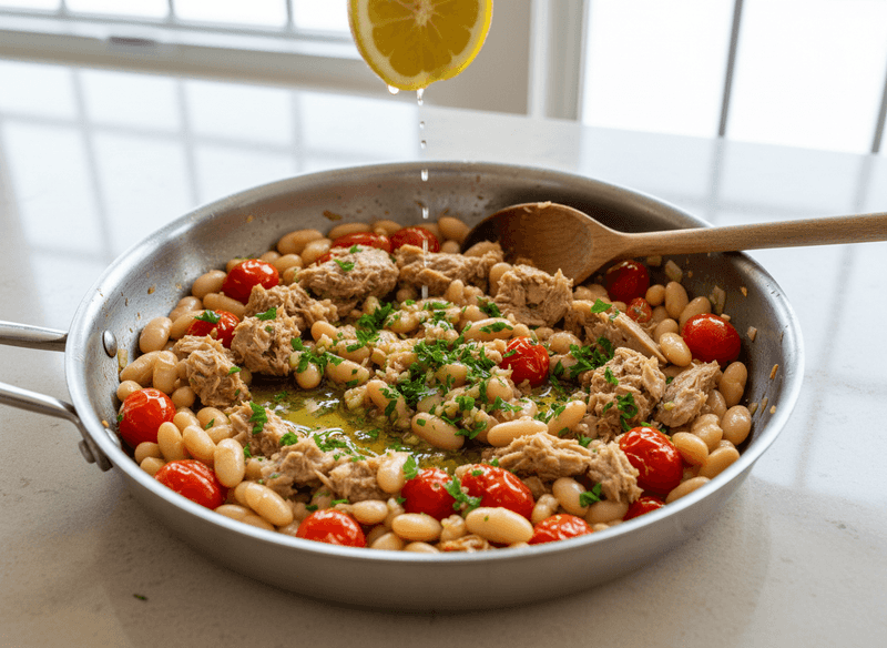 Tuna, White Bean, and Tomato Skillet with Olive Oil and Garlic