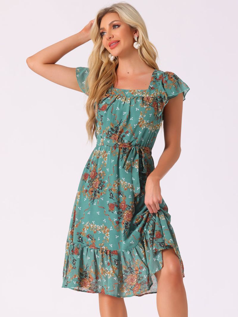 Allegra K Floral Chiffon Flutter-Sleeve Dress