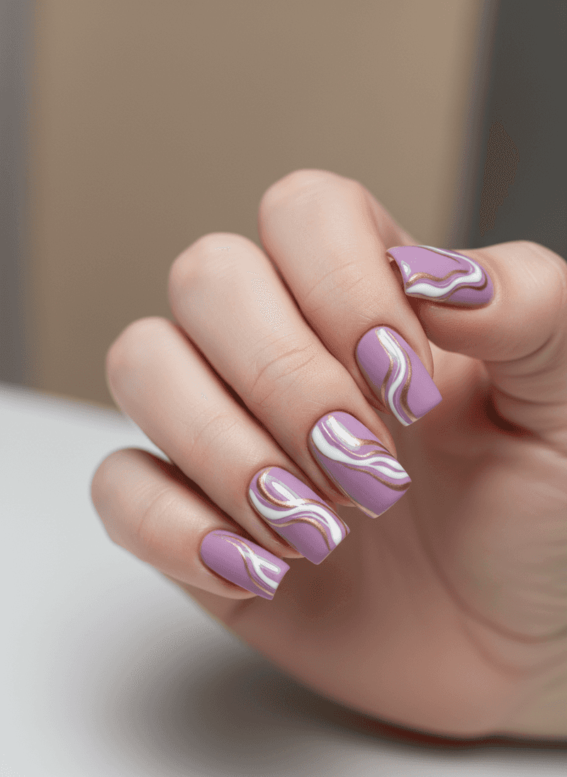 Matte Lavender Nails with Glossy Abstract Swirls