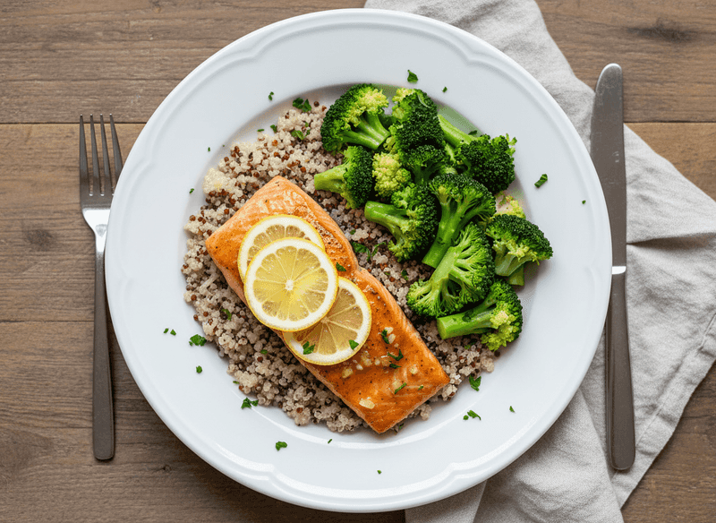 Lemon Garlic Salmon with Quinoa and Steamed Broccoli