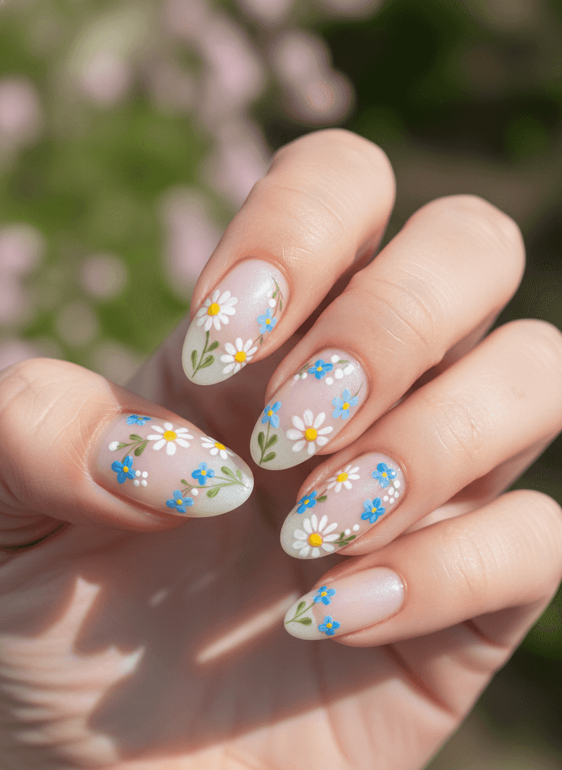 Sheer Milky Base with Tiny Scattered Wildflower Accents