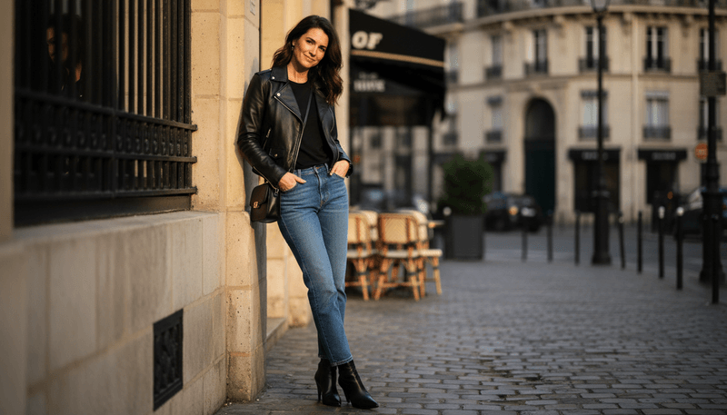Straight Jeans + Leather Jacket + Ankle Boots