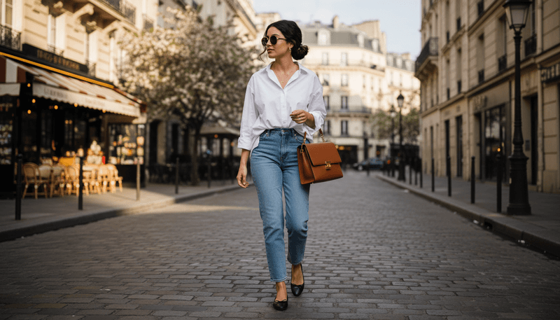Straight-Leg Jeans + White Button-Down + Ballet Flats