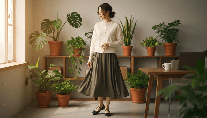 Structured Cardigan + Midi Skirt + Ballet Flats