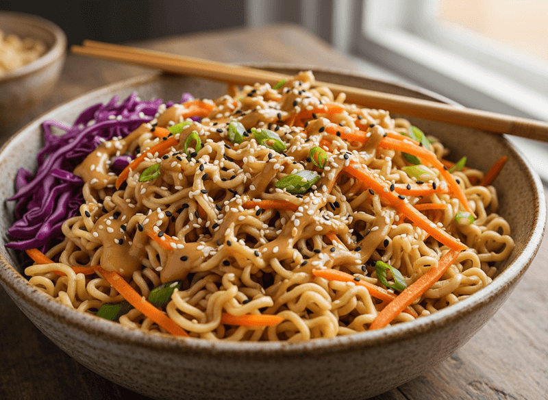 Peanut Noodles with Shredded Cabbage and Carrots