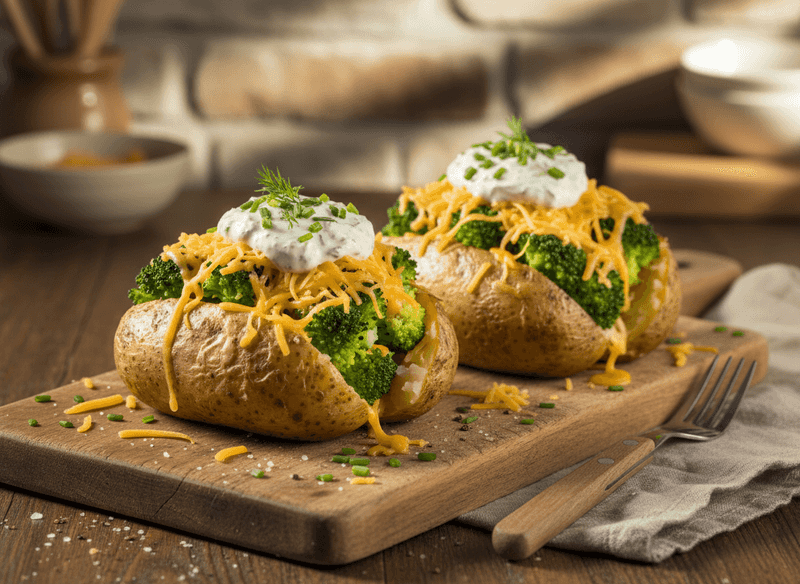 Baked Potatoes Topped with Broccoli, Yogurt Sauce, and Cheese