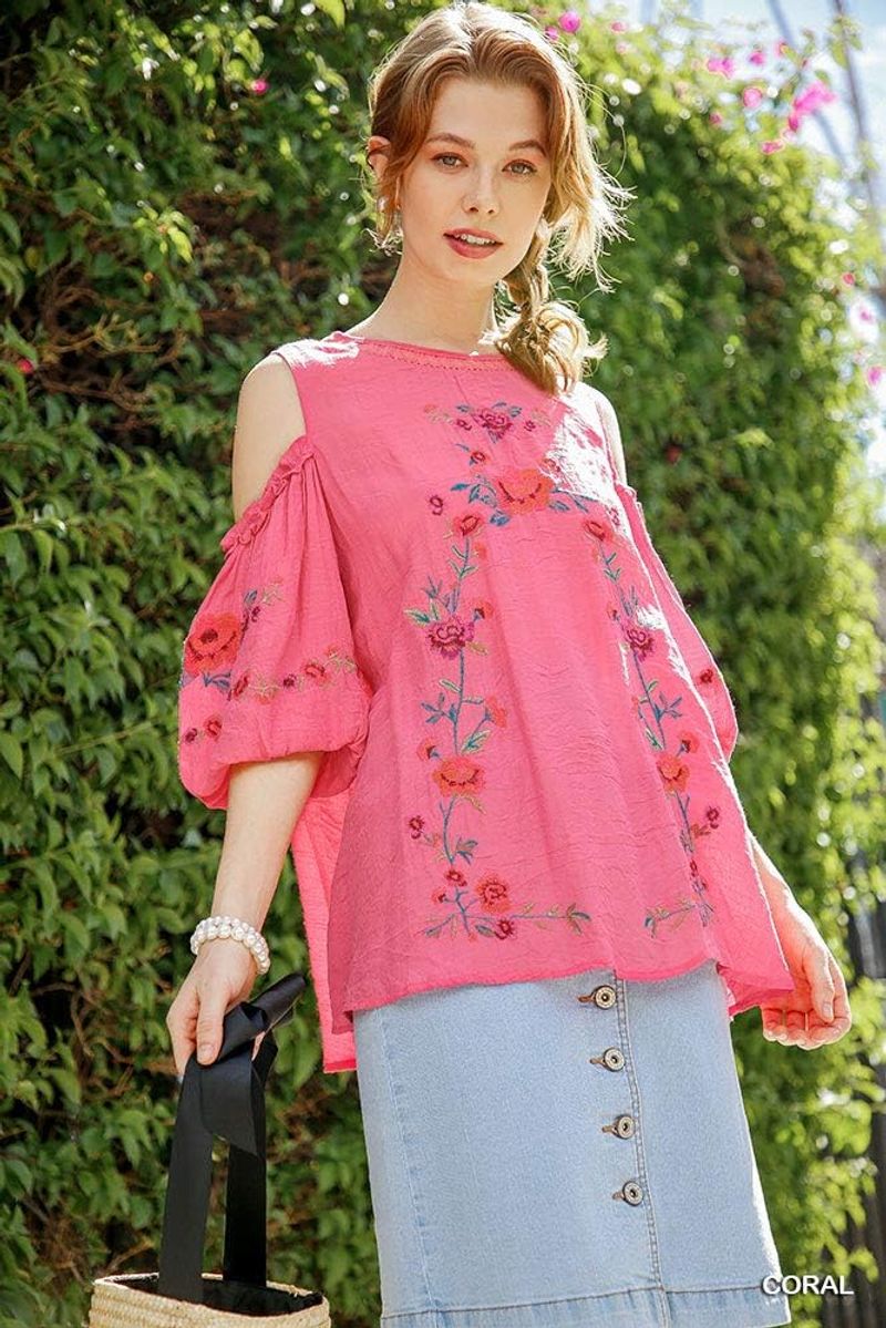 Umgee Floral Embroidered Peasant Top