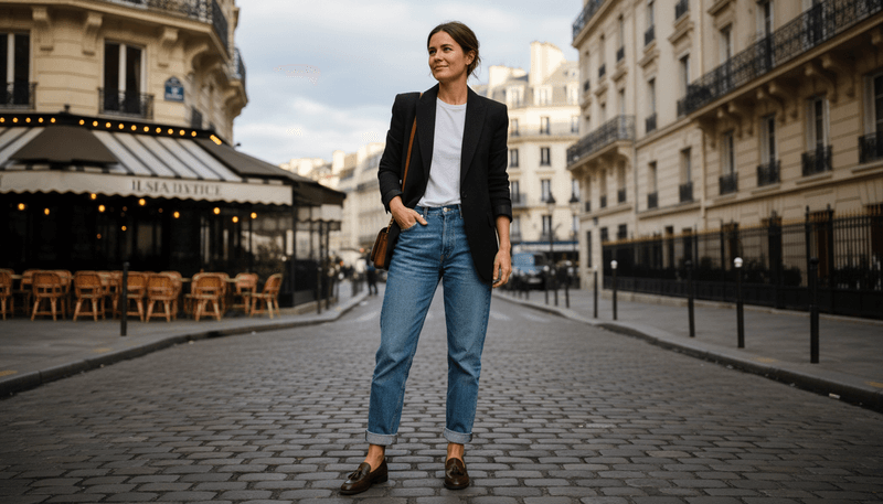 Vintage Blue Jeans + Black Blazer + Loafers