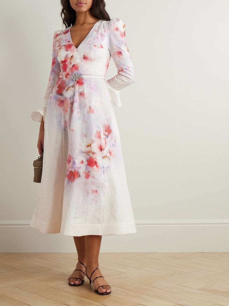 Zimmermann – Crush Belted Floral Linen Midi Dress