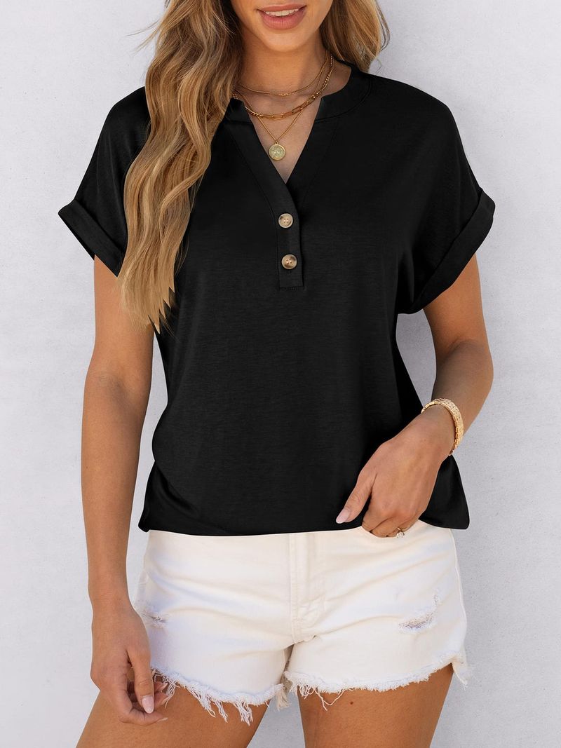 ANRABESS Short-Sleeve Henley V-Neck Blouse
