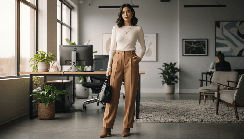 High-Waisted Trousers + Fitted Knit Top