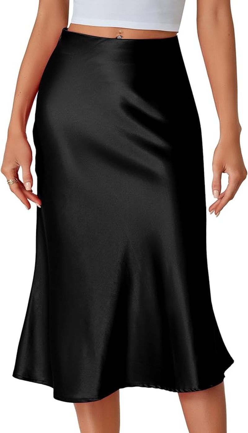 LYANER Elastic High-Waisted Satin Midi Skirt