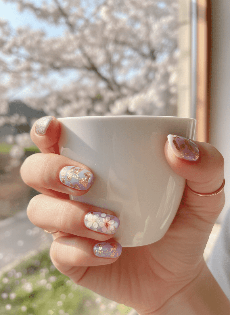 Short Lavender Nails with Delicate Gold Foil Flakes