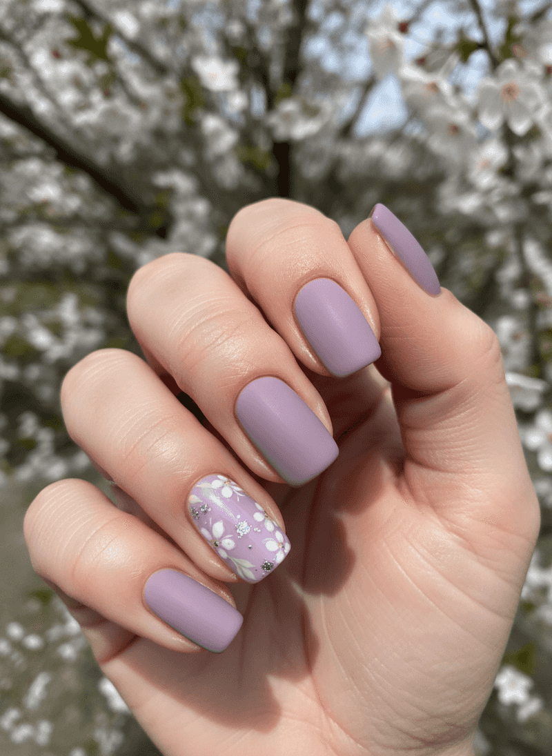 Matte Lavender Nails with a Single Glossy Accent Nail