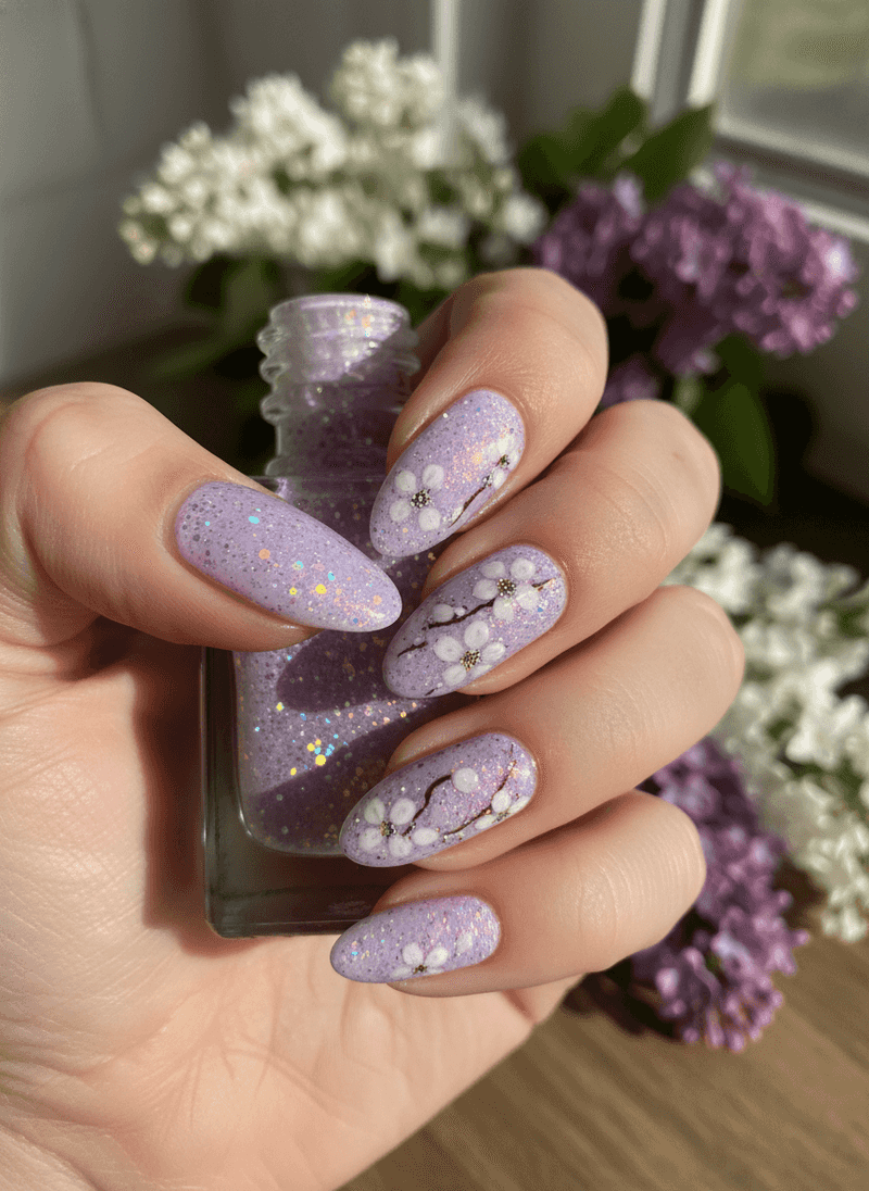 Soft Lavender Nails with Micro-Glitter Shimmer