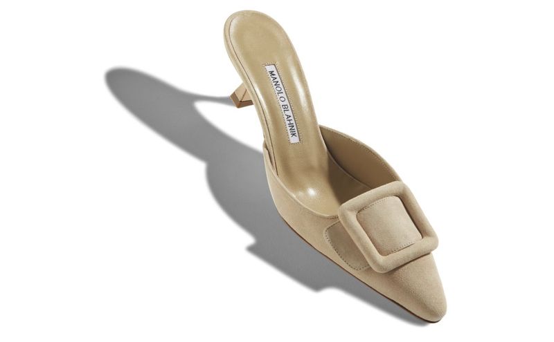 Manolo Blahnik Maysale Suede Kitten Heel Mules