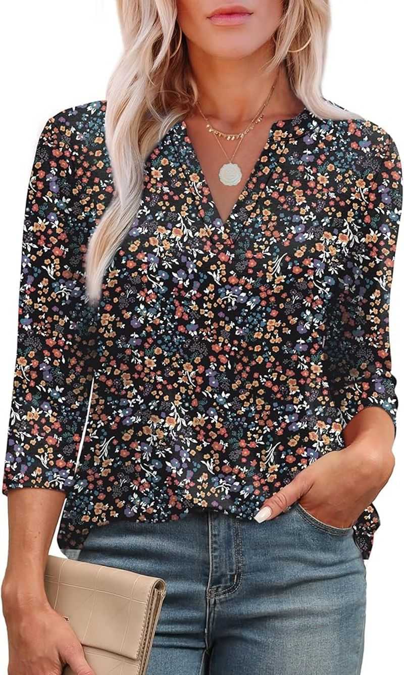 OFEEFAN 3/4 Sleeve Curved-Hem Tunic Top