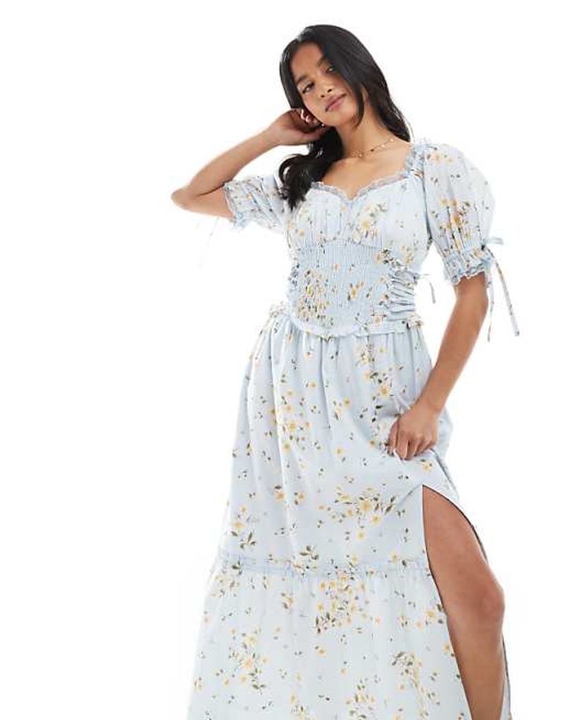 Miss Selfridge Petite Milkmaid Maxi Dress in Blue Ditsy Floral Print — ASOS