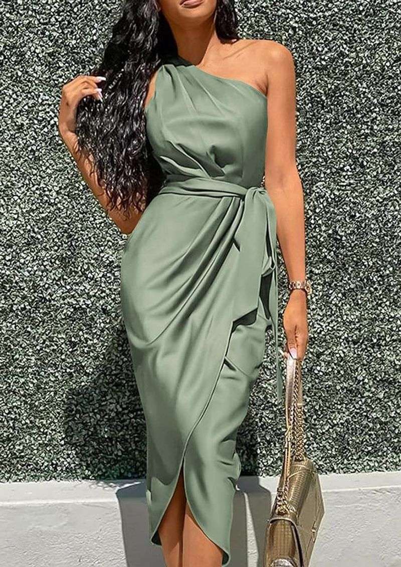 PRETTYGARDEN One-Shoulder Satin Midi Dress